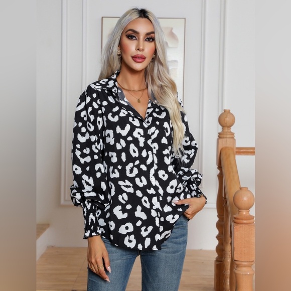 Printed Collared Neck Buttoned Lantern Sleeve Shirt - Picture 1 of 3